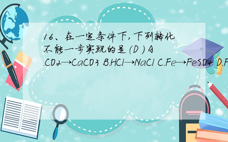 16、在一定条件下,下列转化不能一步实现的是（D ） A．CO2→CaCO3 B．HCl→NaCl C．Fe→FeSO4 D．Fe→Fe2