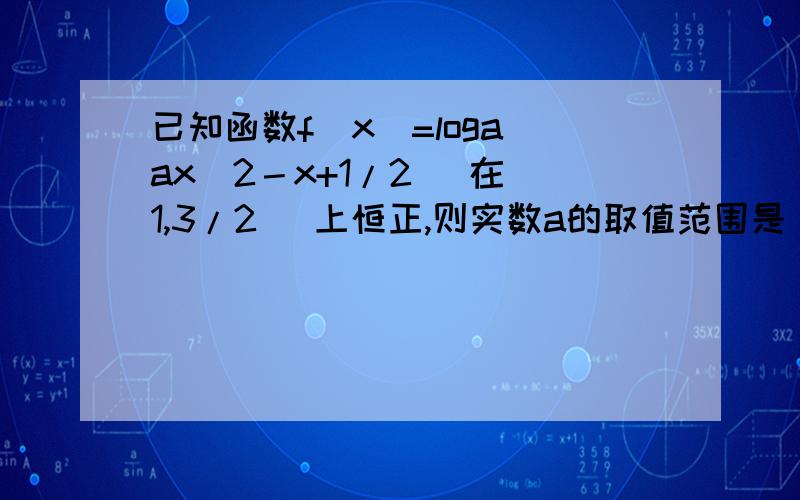 已知函数f(x)=loga(ax^2－x+1/2 )在[1,3/2 ]上恒正,则实数a的取值范围是 （ ）A．( 1/2,8/9) B．（ 3/2,正无穷） C．( 1/2,8/9 )∪（3/2 ,正无穷） D．( 1/2,正无穷)