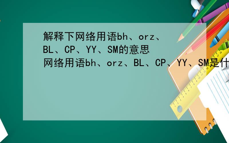 解释下网络用语bh、orz、BL、CP、YY、SM的意思网络用语bh、orz、BL、CP、YY、SM是什么意思?是哪些词的缩写?
